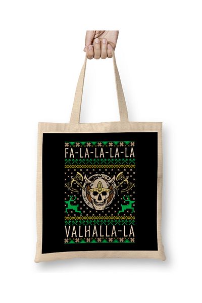 Baskı Dükkanı Fa La La La Valhalla La Viking God άσχημη χριστουγεννιάτικη υφασμάτινη τσάντα με μακριά λαβή