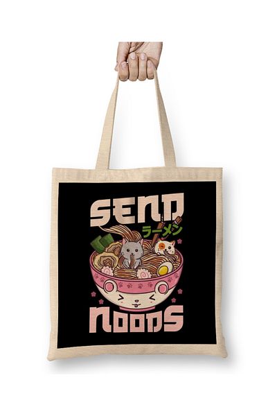 Baskı Dükkanı Send Noods - Geantă japoneză Neko Ramen Cat cu mâner lung