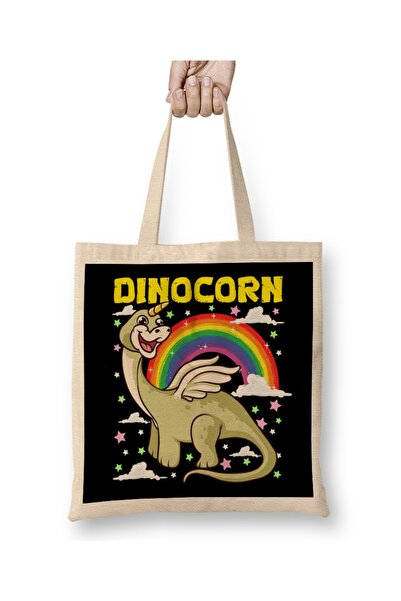 Baskı Dükkanı Slatka i smešna dinokorn dinosaurus jednorog tkanina Torba duga...