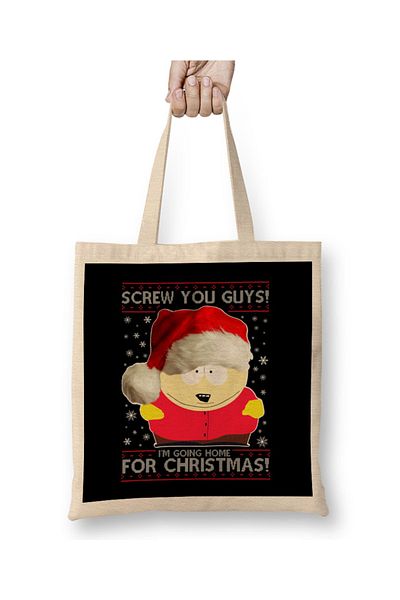 Baskı Dükkanı South Park Cartman Screw You Guys Χριστουγεννιάτικη πλεκτή υφασμάτινη τσάντα με μακριά λαβή