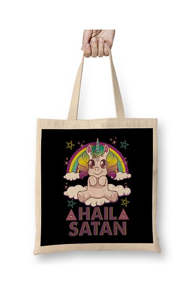 Baskı Dükkanı Hail Satan Unicorn Cute Rainbow Heavy Metal Pun Geantă din pânză cu mâner lung