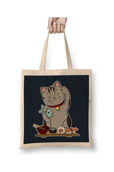 Baskı Dükkanı Geantă din pânză Sushi Cat Lucky Cat cu mâner lung
