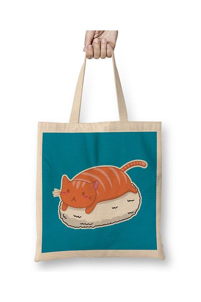Baskı Dükkanı Sushi Cat 02 υφασμάτινη τσάντα με μακριά λαβή
