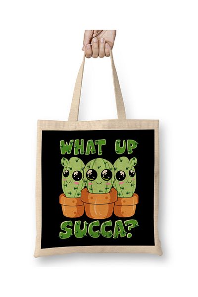 Baskı Dükkanı What Up Succa Cute & Funny Succulent Pun Cactus υφασμάτινη τσάντα με μακριά λαβή