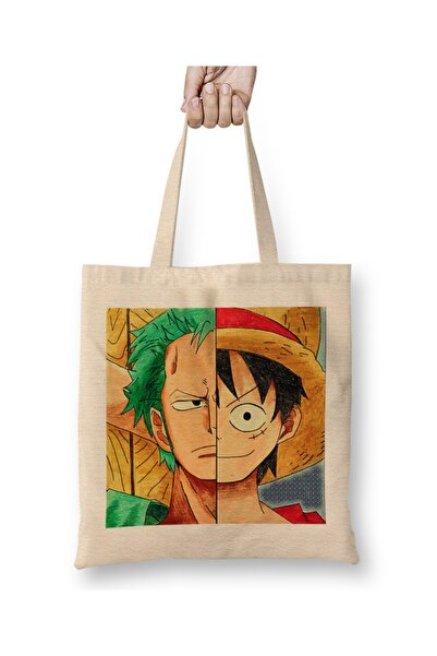 Baskı Dükkanı حقيبة قماشية لوجوه لوفي وزورو من قطعة واحدة بمقبض طويل