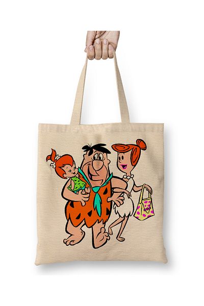 Baskı Dükkanı Geantă din pânză Stone Age Flintstone Family 02 cu mâner lung