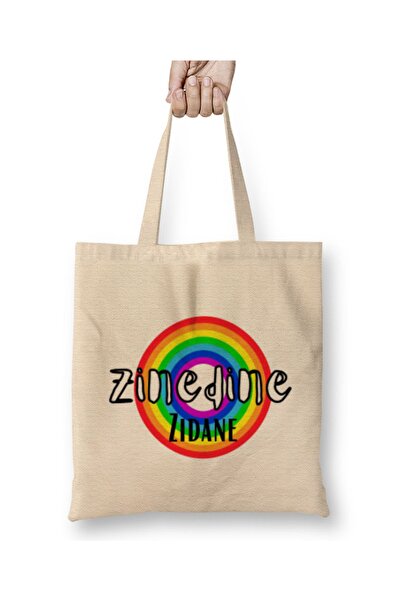 Baskı Dükkanı Zinedine Zidane- Geantă din pânză în stil retro curcubeu cu mân...