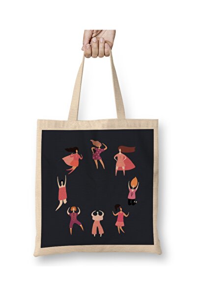 Baskı Dükkanı Moć devojaka Devojke plešu u krugu Tkanina Torba Duga Sa ručkom