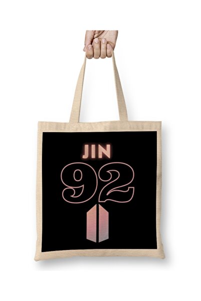 Baskı Dükkanı حقيبة قماش بشعار Bts Jin 92 بمقبض طويل