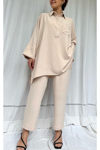 soBasic Camasa Bej Guler Buzunar Pantaloni Bluza Confort Dublu Set
