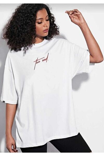 Revasser Unisex White The End Printed Loose Cut Oversize T-shirt Rvs