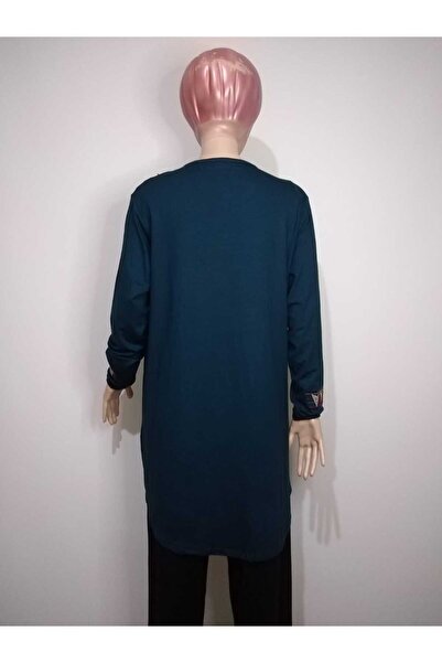 YAŞAR TRİKO Women's Petrol Collar Sleeve Embroidered Crew Neck Ornamental Buttoned Long Sleeve Elastic Oval Skirt Tunic