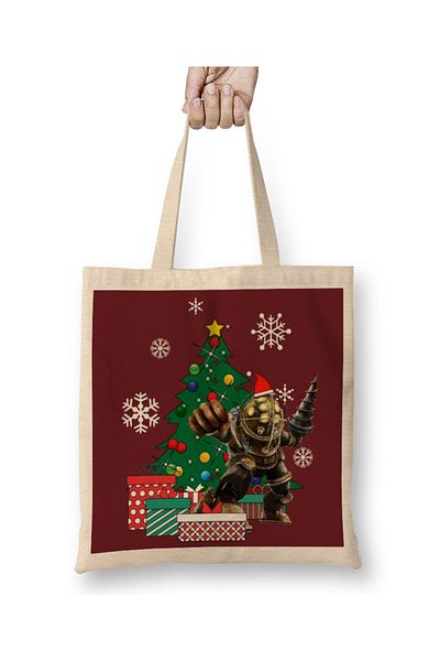 Baskı Dükkanı Geantă tote Big Daddy BioShock Around The Christmas Tree cu mâner lung