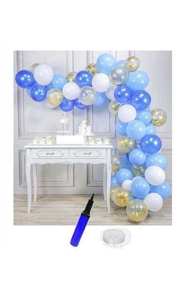 aşkın concept Transparent Birthday Balloon Chain with White-light Blue-navy blue-gold Confetti