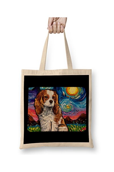 Baskı Dükkanı حقيبة قماش كافالير كينج تشارلز سبانيل 2 نايت بمقبض طويل