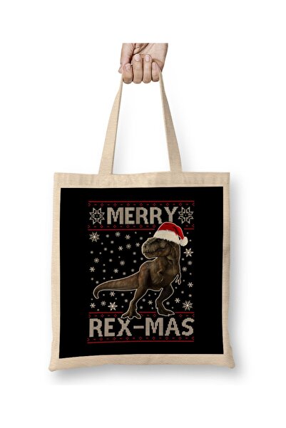 Baskı Dükkanı Merry Rex Mas Božićna dinosaurus tkanina Torba duga Sa ručkom