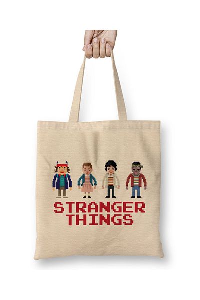 Baskı Dükkanı The Kids Of Stranger Things Pixelated Tote Bag Long Handle