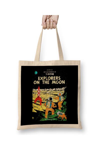 Baskı Dükkanı Aventurile lui Tintin Explorers On The Moon Geantă din pânză cu mâner lung