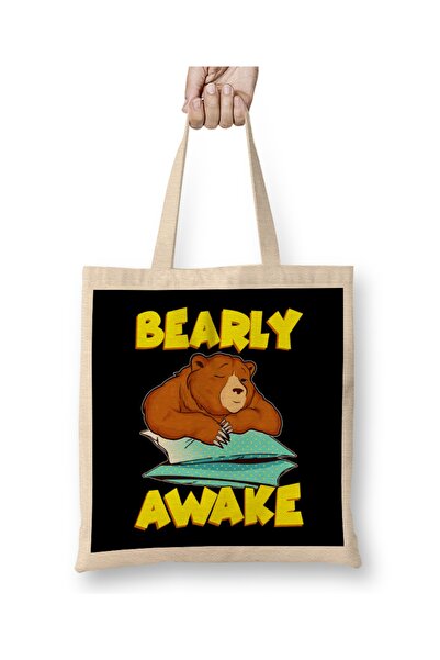Baskı Dükkanı Bearly Awake Sleeping Bear Funny Barely Awake Pun Cloth Torba L...