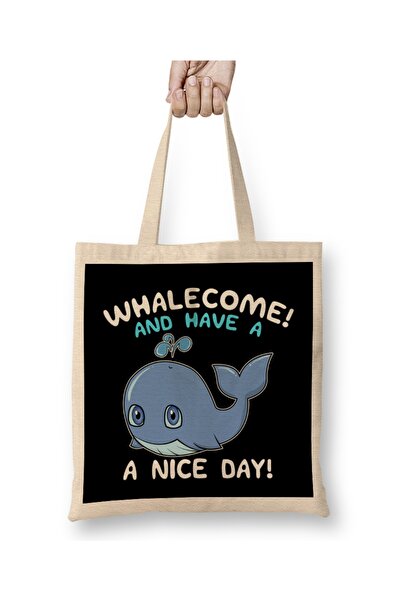Baskı Dükkanı Dobrodošli i uživajte u lepom danu Whale Welcome Pun Cloth Torb...