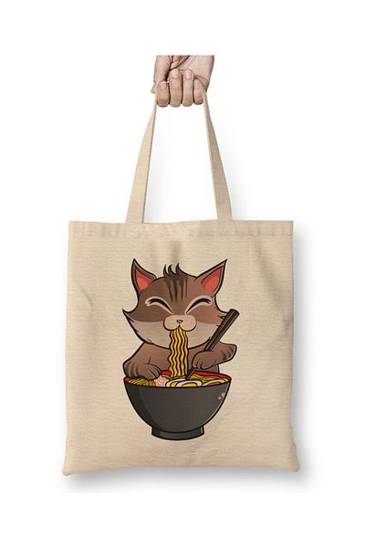 Baskı Dükkanı Χαριτωμένη και αστεία Anime Kitty Ramen Kawaii Cat υφασμάτινη τσάντα με μακριά λαβή