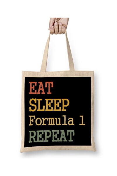 Baskı Dükkanı حقيبة قماش Eat Sleep Formula 1 Repeat Red 01 بمقبض طويل