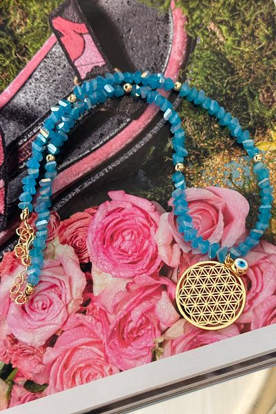 Trendy Butik قلادة متدلية من الخرز الكريستالي الفيروزي وزهرة الحياة وعين الشر
