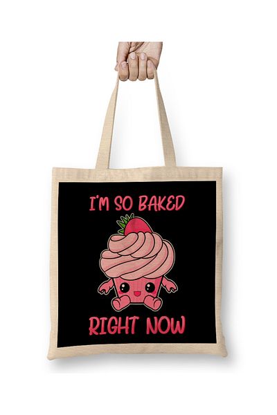 Baskı Dükkanı Χαριτωμένο και αστείο I m So Baked Right Now Cupcake Pun υφασμάτινη τσάντα με μακριά λαβή