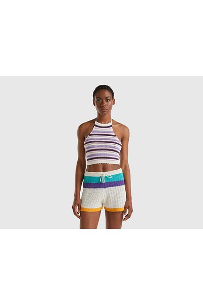 United Colors of Benetton Damen Weiß Gestreifte Strickmode Crop Weiß
