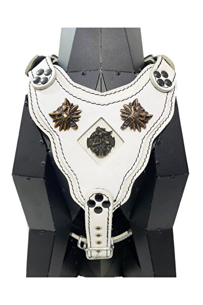 Tasma Market Beyaz Kurt Başlı Deri Köpek Göğüs Tasması Köpek Göğüslük