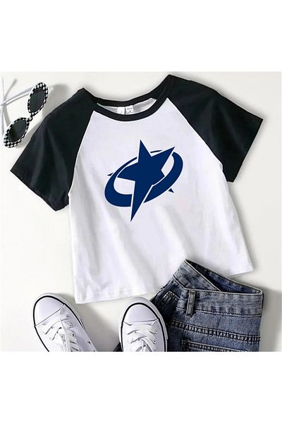 Touz Y2k Stars Printed Raglan Sleeve White Crop