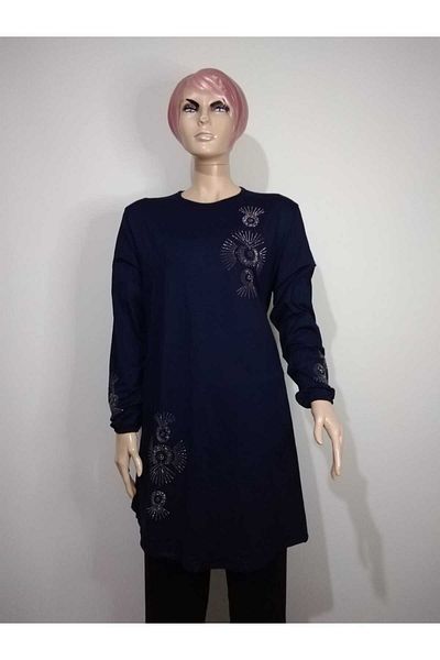 YAŞAR TRİKO Women's Navy Blue Collar Stoned Sleeves Crew Neck Long Sleeve Elastic Sleeve Oval Skirt Tunic
