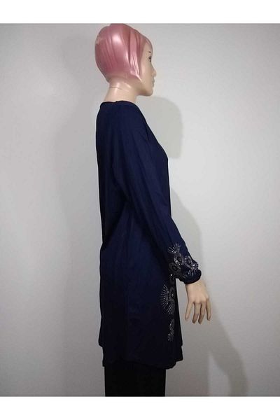 YAŞAR TRİKO Women's Navy Blue Collar Stoned Sleeves Crew Neck Long Sleeve Elastic Sleeve Oval Skirt Tunic