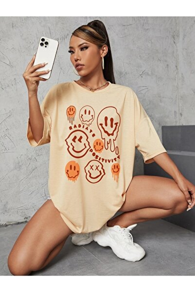 trendgar Tricou Bej Imprimat Smile