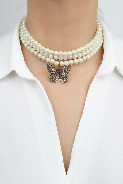 Liveyn Design Butterfly Pendant Three Rows Glass Pearl Necklace