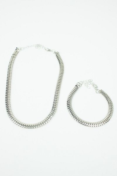 Liveyn Design Scrunch Chain Silver Color Necklace Bracelet Set