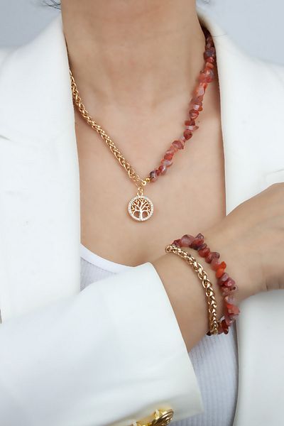 Liveyn Design Natural Stone Agate - Tree of Life Pendant Necklace and Bracelet Set