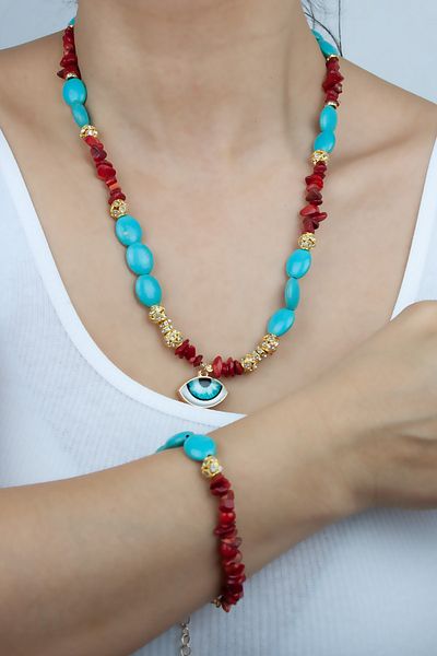 Liveyn Design Turquoise and Coral Natural Stone Necklace Bracelet Set
