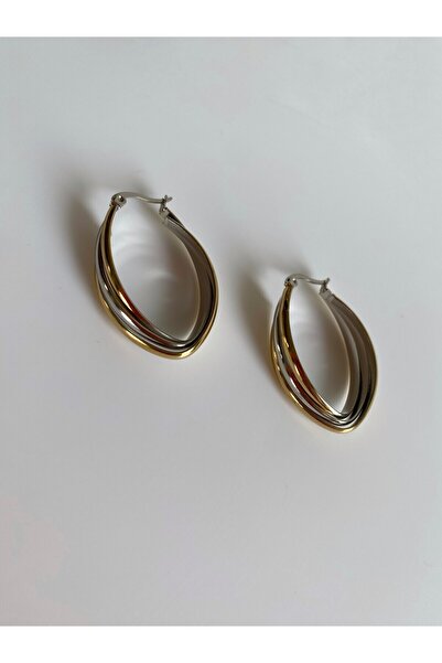 Owentis أقراط بيضاوية الشكل موديل Mia - ذهبي وفضي، ألوان مزدوجة، 3 سم - لا تشويه