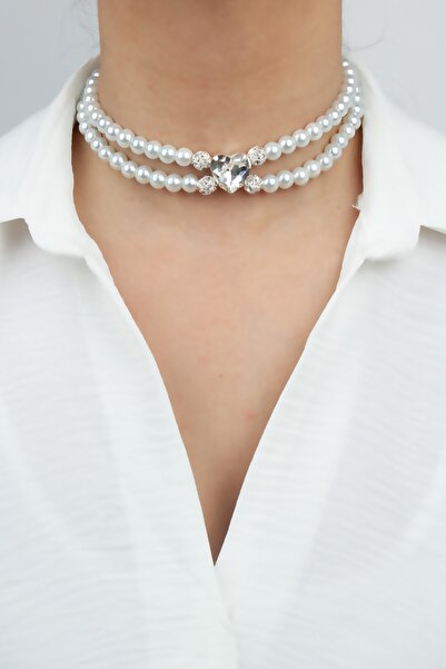 Pridza Kalp Kristal Cam İnci Choker Kolye