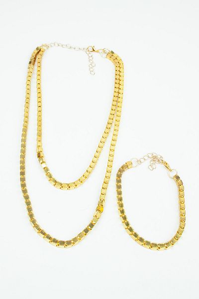 Pridza Cube Chain Double Row Gold Necklace Bracelet Set