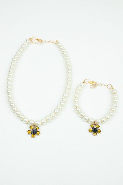 Pridza Glass Pearl Flower Figure Necklace Bracelet Set