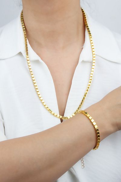 Pridza Cube Chain Long Gold Necklace Bracelet Set