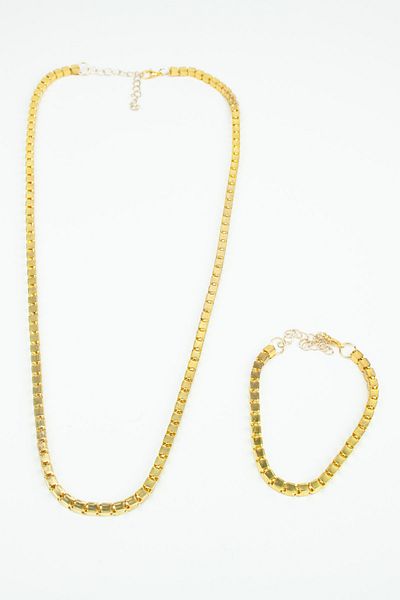 Pridza Cube Chain Long Gold Necklace Bracelet Set