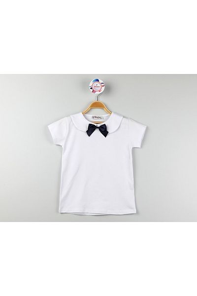 edoy Tricou pentru școală pentru fete Bumbac, sezonier, simplu, guler alb, fundă bleumarin
