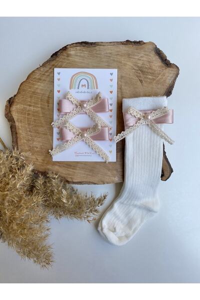 Miniminiksdesing Dantel Aksesuarlı Diz Altı Çorap Ve Toka Set