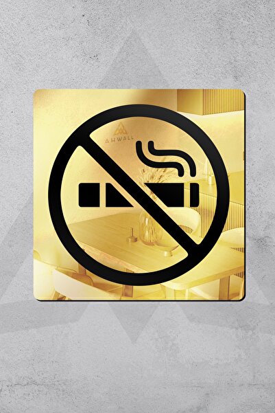 AHWALL Dekoratif Pleksi Aynalı Sigara İçilmez İkonlu Uyarı Levhası Kare, Gold