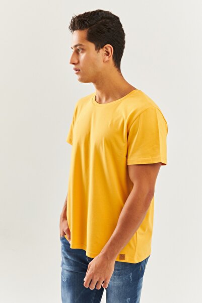Butikgiz Mustard Oversize Άνετο 100% βαμβακερό χτενισμένο λαιμόκοψη με κοντό μανίκι Basic T-shirt Trendy Collection