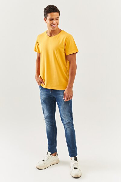 Butikgiz Mustard Oversize Άνετο 100% βαμβακερό χτενισμένο λαιμόκοψη με κοντό μανίκι Basic T-shirt Trendy Collection