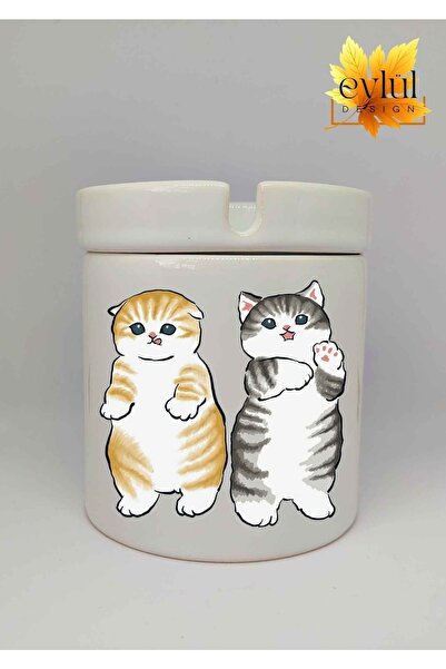Eylül Design منفضة سجائر سيراميك مطبوعة بتصميم خاص مطبوع عليها قطط لطيفة، منف...